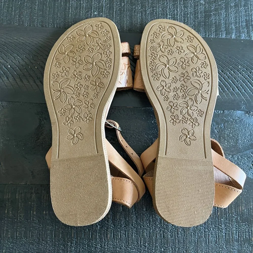 Handmade Mexican Leather Sandals Approx Size 9.5 Tan Embossed Boho Ankle Strap